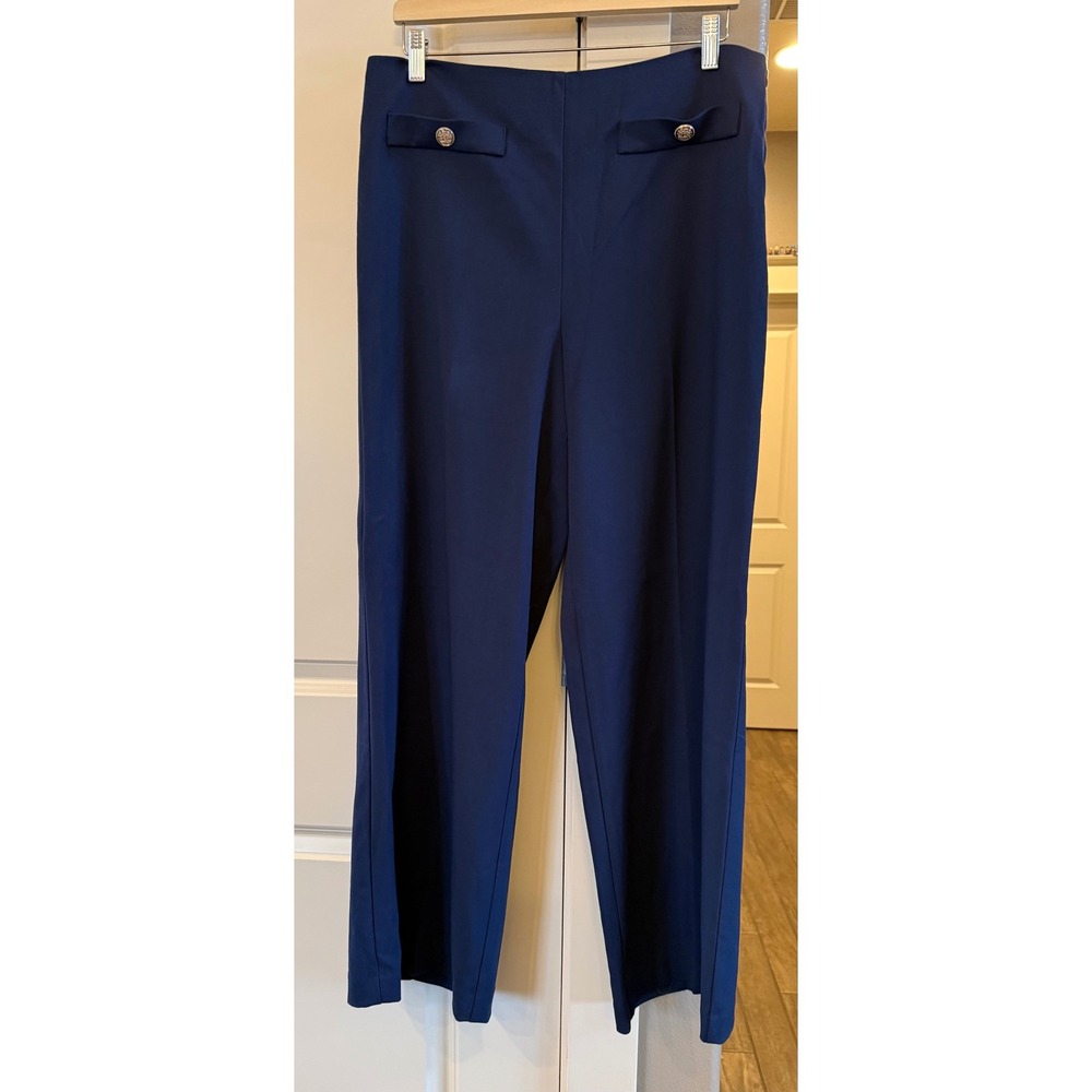 LOFT Navy Blue Flat Front Side Zip Wide Leg Business Casual Trousers Pant Sz 12 - Picture 4 of 9
